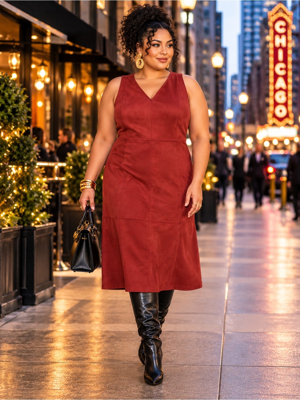 Vince Camuto NWT Rust Faux Suede V-Neck Fit & Flare Midi Dress | Rust | 1X |